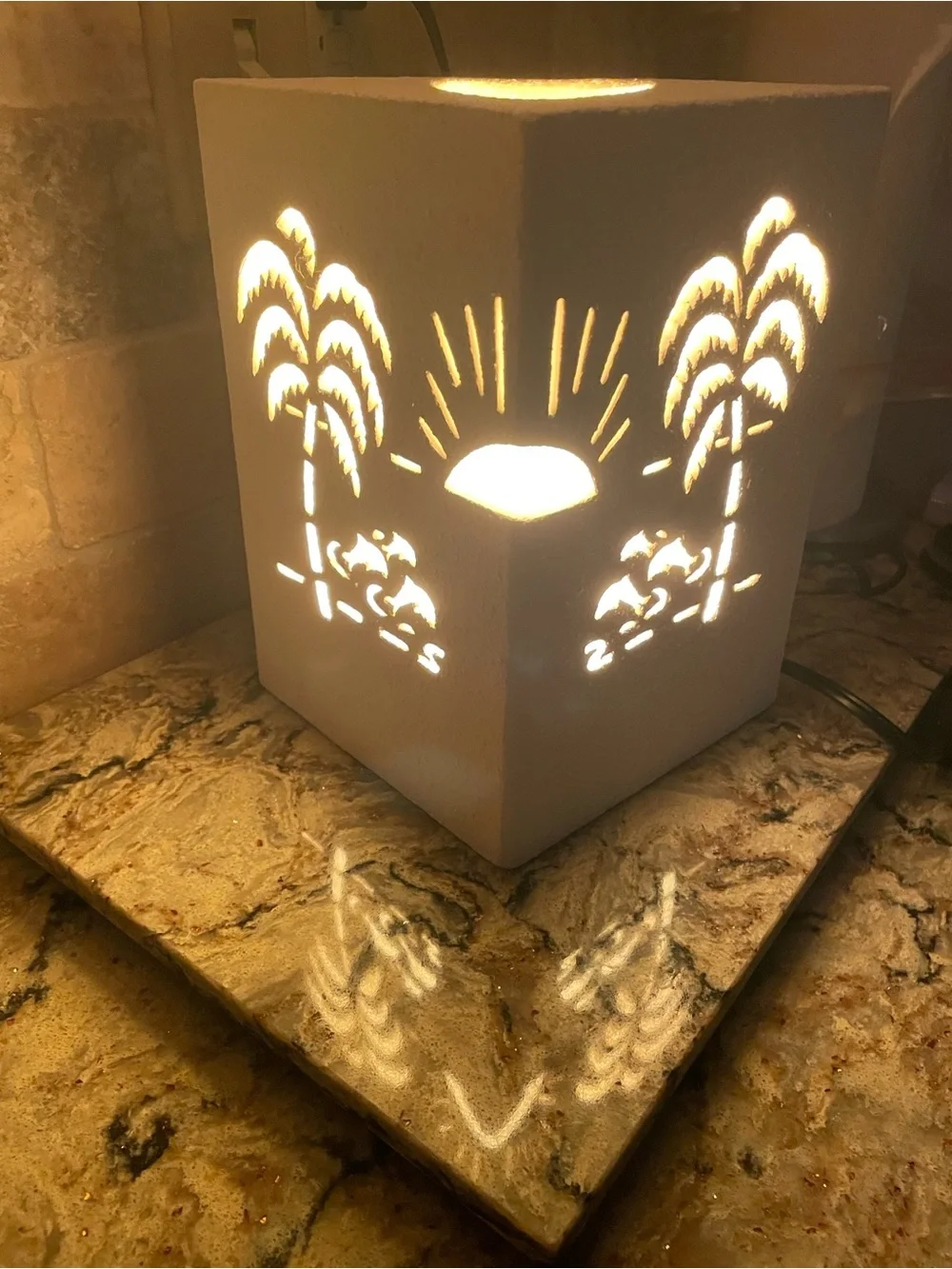 Cream Ceramic Tropical Palm Tree and Dolphin Cutout Wall Decor/Light